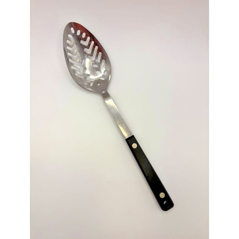Vintage Flint Stainless Vanadium Slotted Serving Spoon Black Handle USA 11.5"